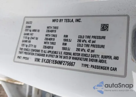 2022 Tesla Model 3 Long Range Dual Motor All-Wheel Drive z USA, uszkodzony, nr VIN 5YJ3E1EB4NF275667